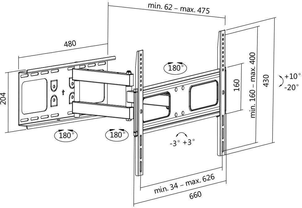 Sklápateľný TV stenový držiak - diagram s rozmermi: šírka 660 mm, výška 430 mm. Otáčanie +/-180°, sklon +10° až -20°.