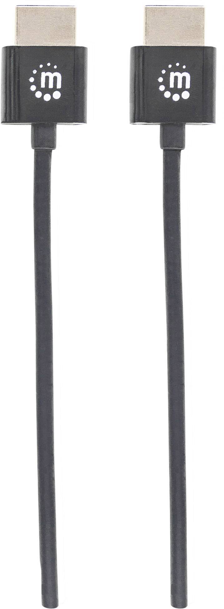 Dva čierne HDMI káble s obdĺžnikovými konektormi a logom 'm' na zástrčkách, položené vedľa seba.