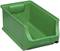 Zelená plastová prepravka, obdĺžnikového tvaru, s otvorenou prednou stranou.