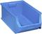 Modrý plastový kontajner so šikmou prednou stranou a vyvýšeným okrajom, vhodný na uskladnenie drobných súčiastok.