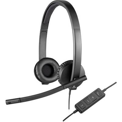 Čierna headset so zabudovaným mikrofónom a ovládaním hlasitosti, vhodná pre telefonické konferencie alebo používanie s počítačom.