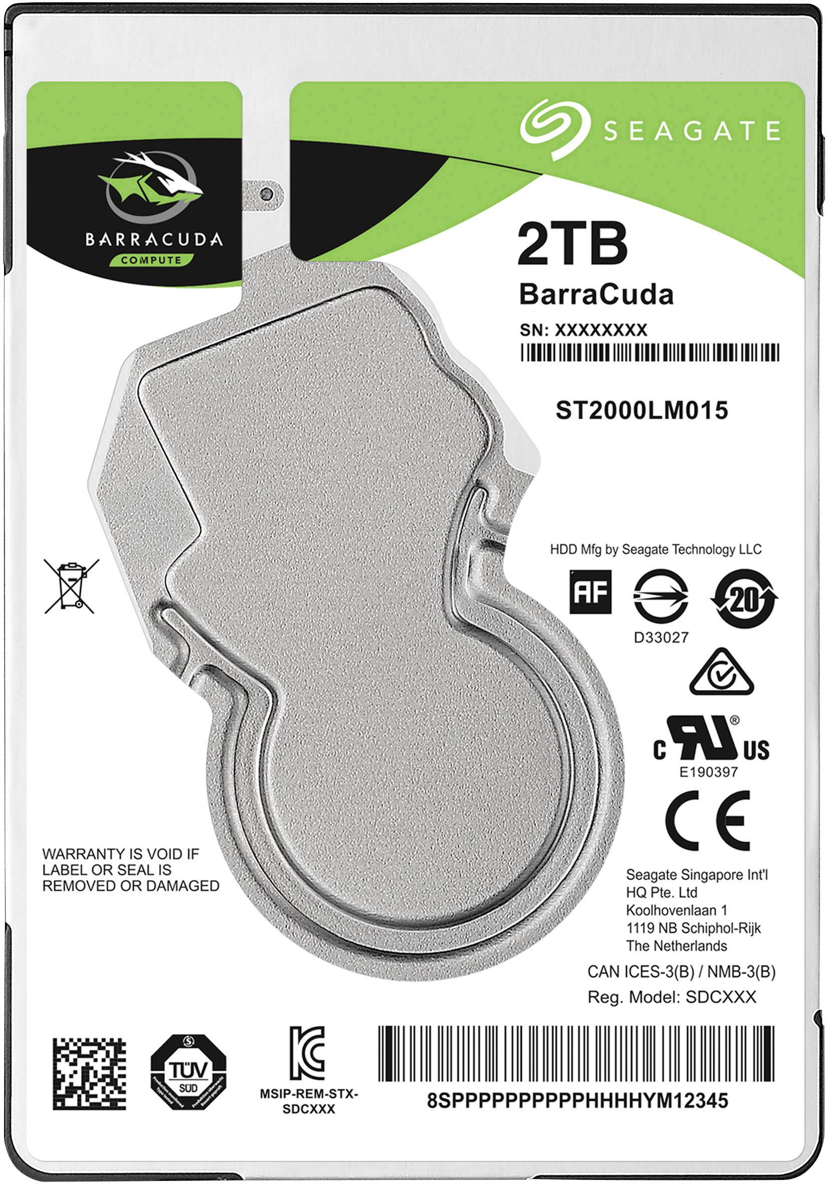 2TB Seagate pevný disk s rôznymi certifikačnými logami a záručnými upozorneniami na štítku.