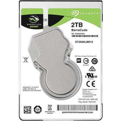 2TB Seagate pevný disk s rôznymi certifikačnými logami a záručnými upozorneniami na štítku.