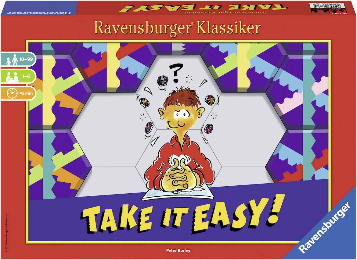Balenie spoločenskej hry s nápisom 'Take it Easy!' zobrazuje ilustráciu zamysleného chlapca. Hra je určená pre 1-6 hráčov od 10 rokov.