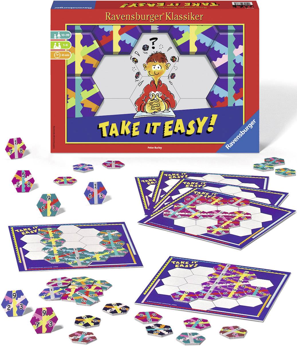 "Veď sa upokoj!" Spoločenská hra od Ravensburgeru s kartičkami a hernými doskami, vhodná pre 1-6 hráčov, od 10 rokov. Krabica s farebným dizajnom.