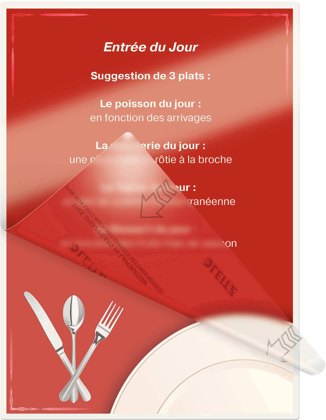 Červený jedálny lístok s denným menu a návrhmi rybích a mäsových špecialít, ako aj stredomorských jedál.