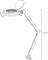Náčrt diagramu znázorňuje nastaviteľnú stolnú lampu s dvoma kĺbovými ramenami a okrúhlou svietiacou hlavicou.