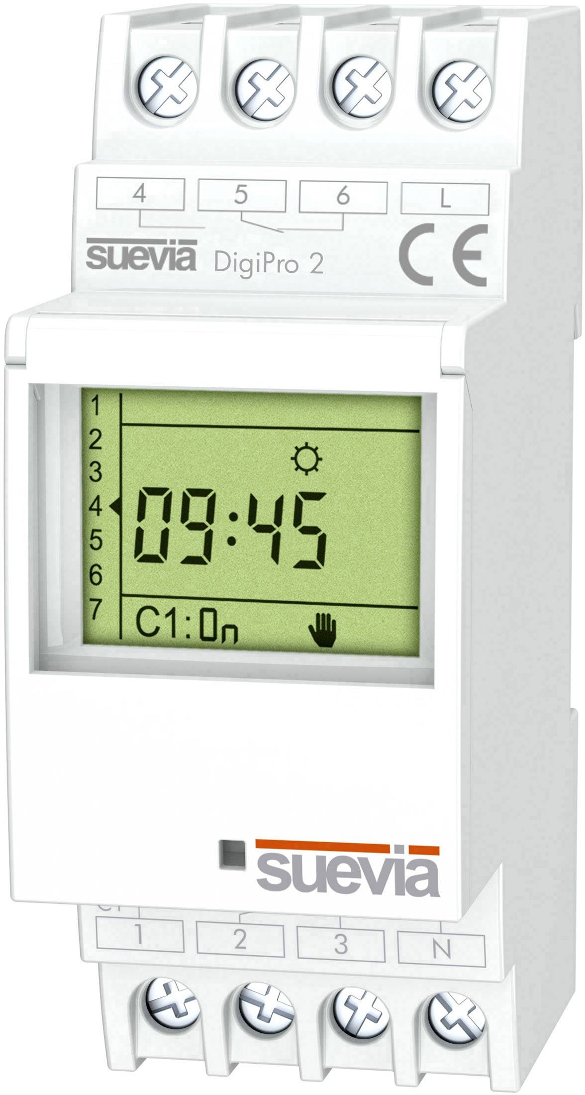 Elektronický spínací hodiny s displejom. Zobrazuje '09:45'. Symboly slnka a ruky. Označenie 'C1:On'. Viditeľný názov značky.