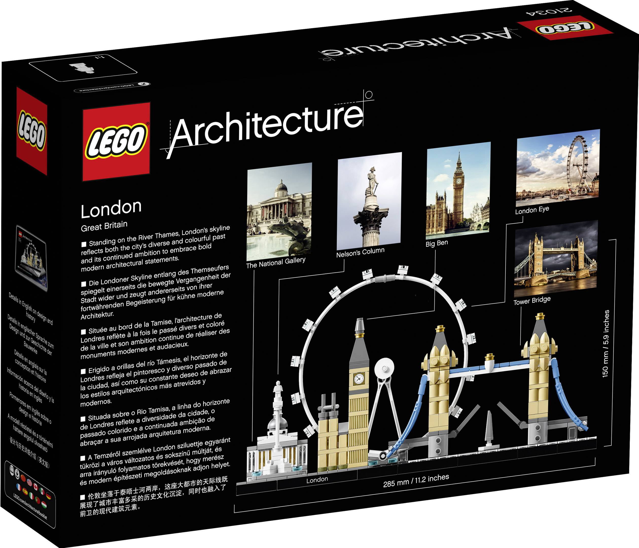 LEGO Architecture Set Londýn, zobrazuje miniatúry: Národná galéria, Nelsonov stĺp, Big Ben, London Eye, Tower Bridge.