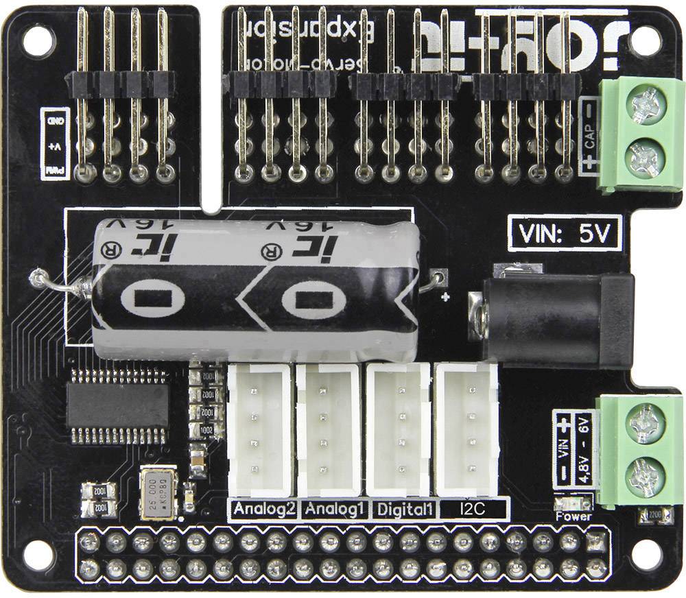 Elektronická súčiastka so zástrčkovými konektormi pre analógové, digitálne a I2C signály, napájanie 5V, vhodná pre projekty a prototypy.
