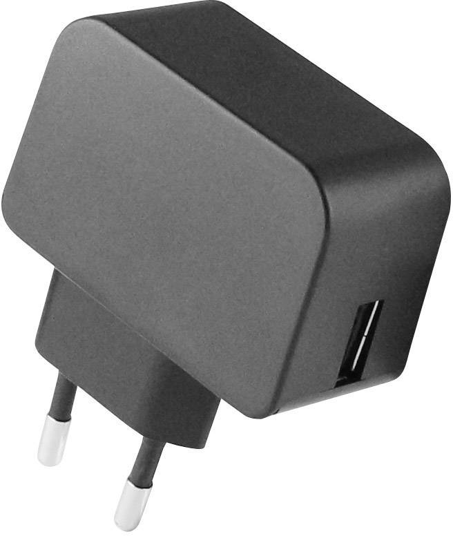 Čierna USB nabíjačka s európskou zástrčkou, vhodná na nabíjanie mobilných zariadení.