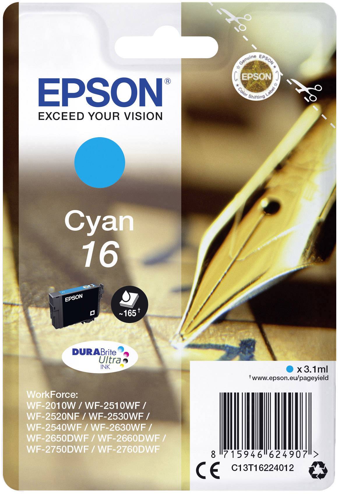 'Atramentová kazeta Epson, Cyan 16, 3,1 ml. Kompatibilná so sériou Epson WF. Obrázok zobrazuje modrú farebnú značku a logo šetrné k životnému prostrediu.'
