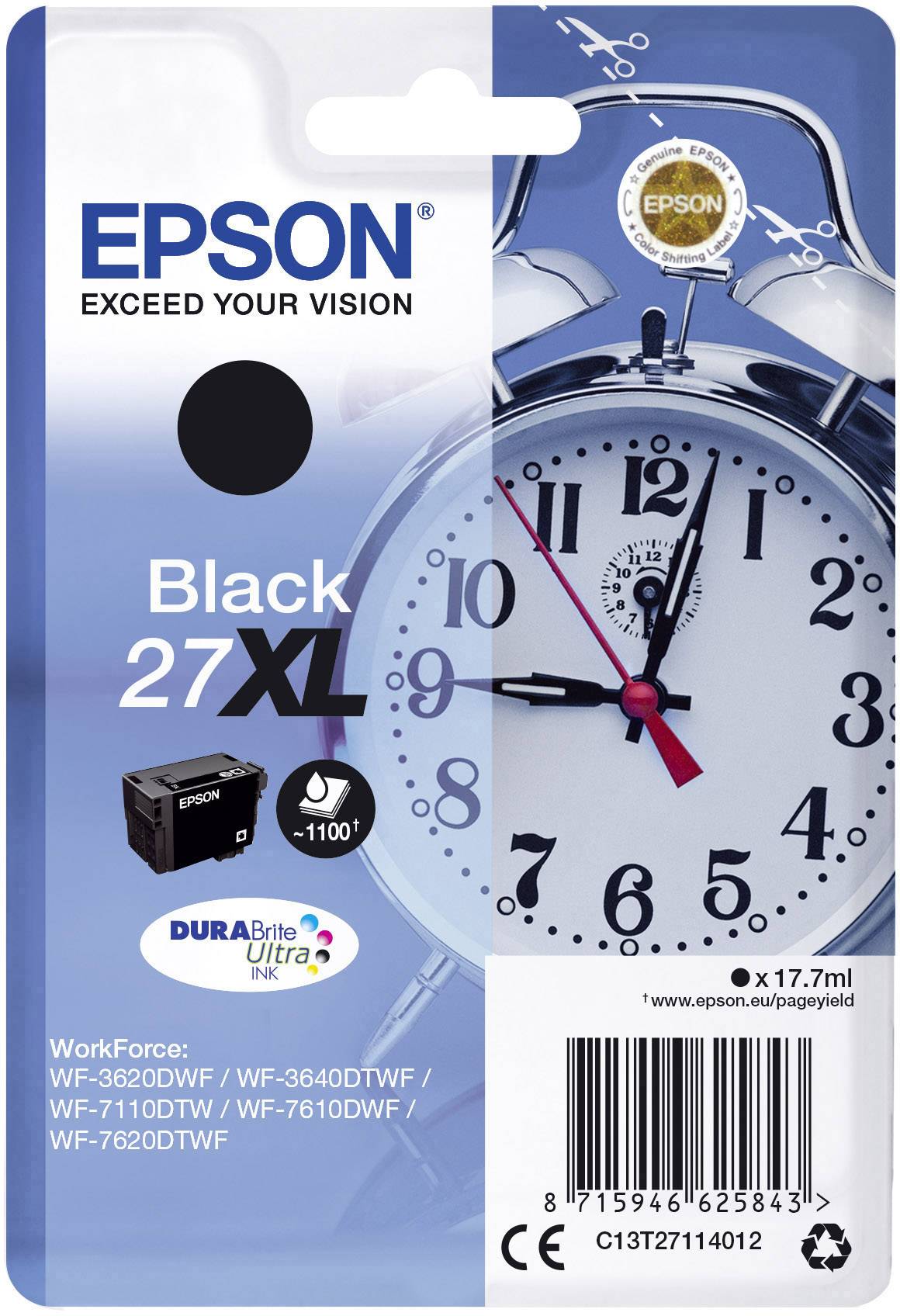 Atramentová kazeta 'Epson' 27XL pre tlačiarne. Čierna atramentová náplň, kompatibilná s modelmi WF-3620DWF, WF-3640DTWF, WF-7110DTW, WF-7610DWF, WF-7620DTWF.