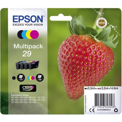 Balenie atramentových cartridgí Epson, Multipack 29, s veľkou jahodou na obale. Obsahuje farby čierna, azúrová, purpurová, žltá.