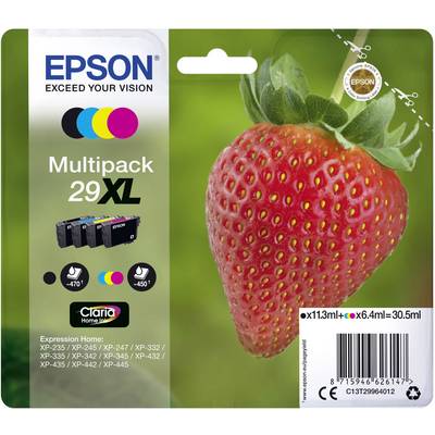 Krabica atramentových kaziet Epson Multipack 29XL pred jahodovým pozadím. Vhodné pre rôzne modely tlačiarní Epson.