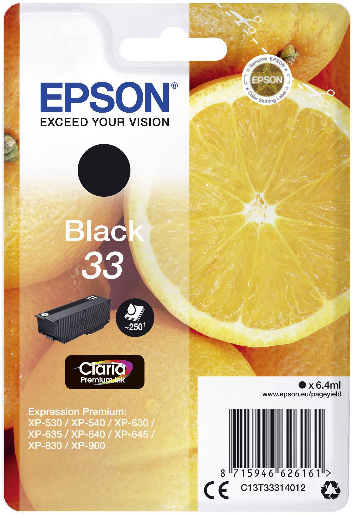Balenie náplne do tlačiarne Epson s nápisom 'Black 33', obrázok pomaranča, vhodné pre rôzne modely tlačiarní XP.
