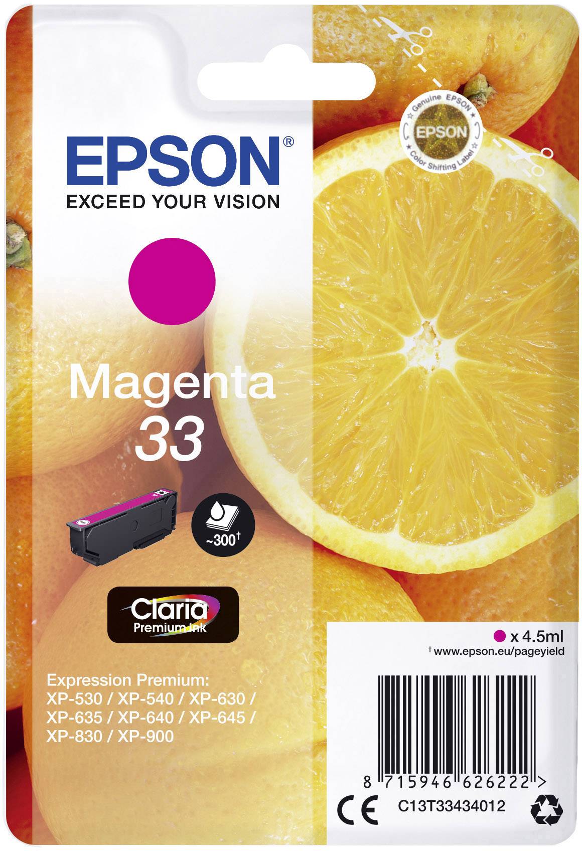 Atramentová kazeta Epson v purpurovej farbe, kompatibilná s tlačiarňami zo série XP. Obal zobrazuje polovicu pomaranča v pozadí.