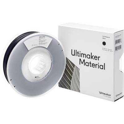 Špulka čierneho PLA 3D tlačového materiálu vedľa bielej škatule s nápisom "Ultimaker Material".