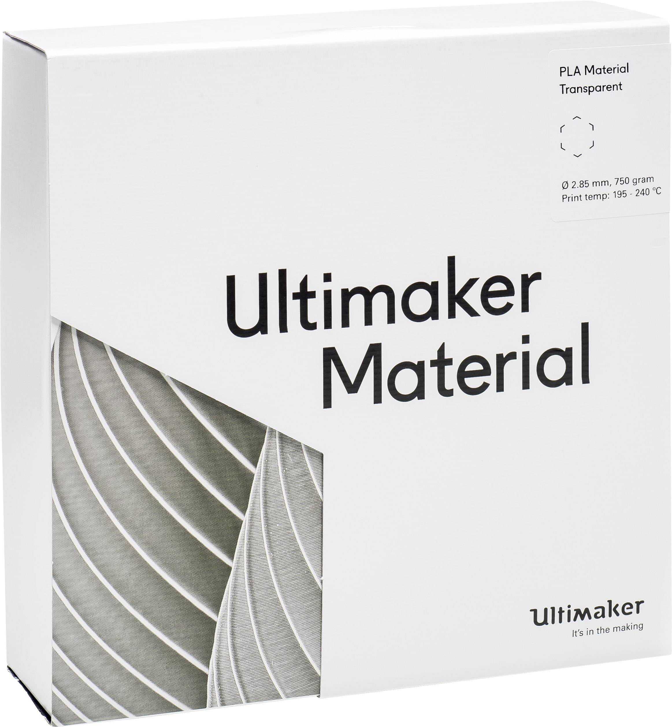 Ultimaker 3D tlačový materiál, PLA, priehľadný, 2,85 mm, 750 gramov. Teplota tlače: 195 - 240 °C. Obsahuje dekoratívny vzor.