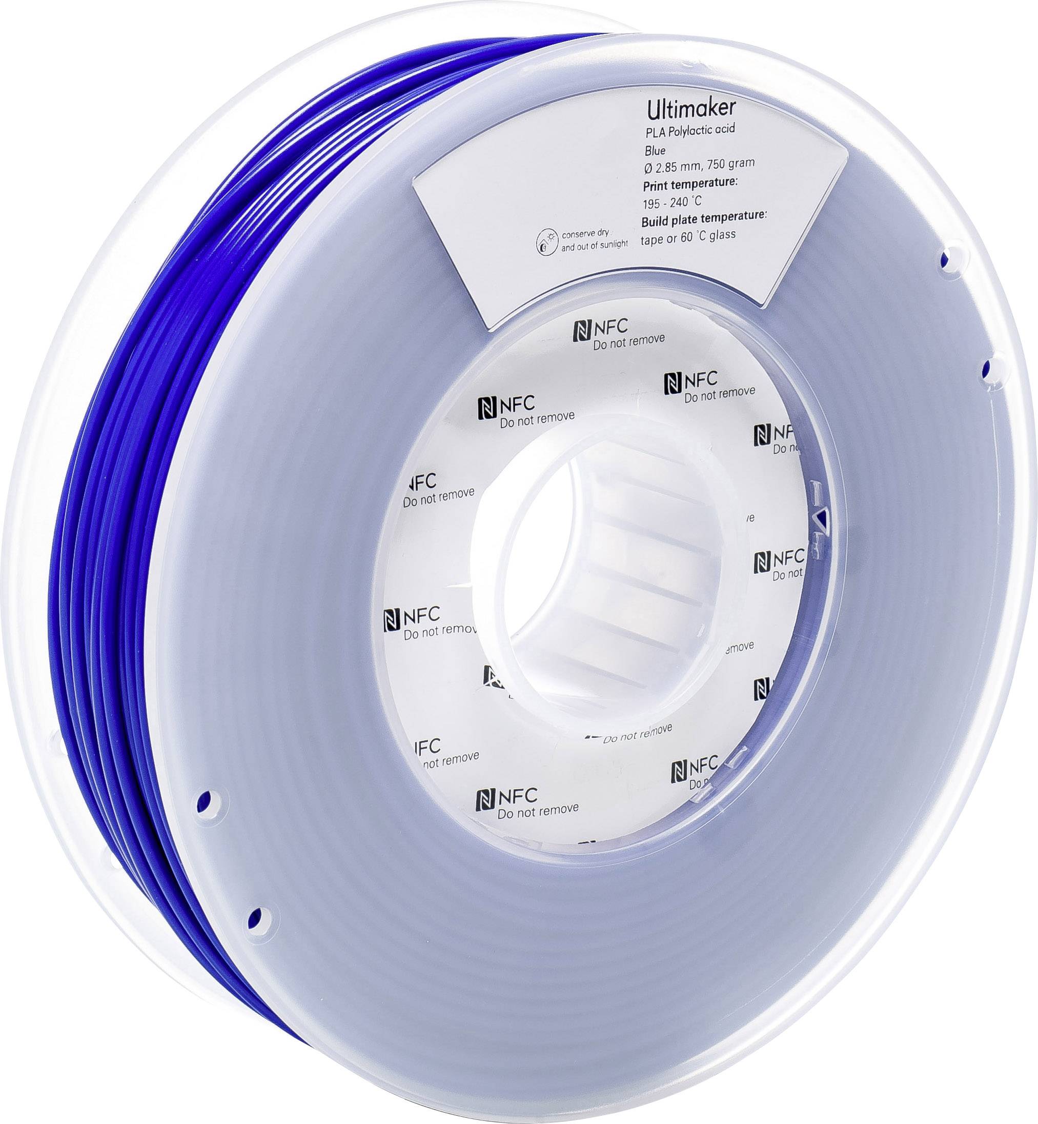 Rolka filamentu pre 3D tlačiareň s nápisom 'Ultimaker PLA Metallic Cool', priemer 2,85 mm, hmotnosť 750 g.