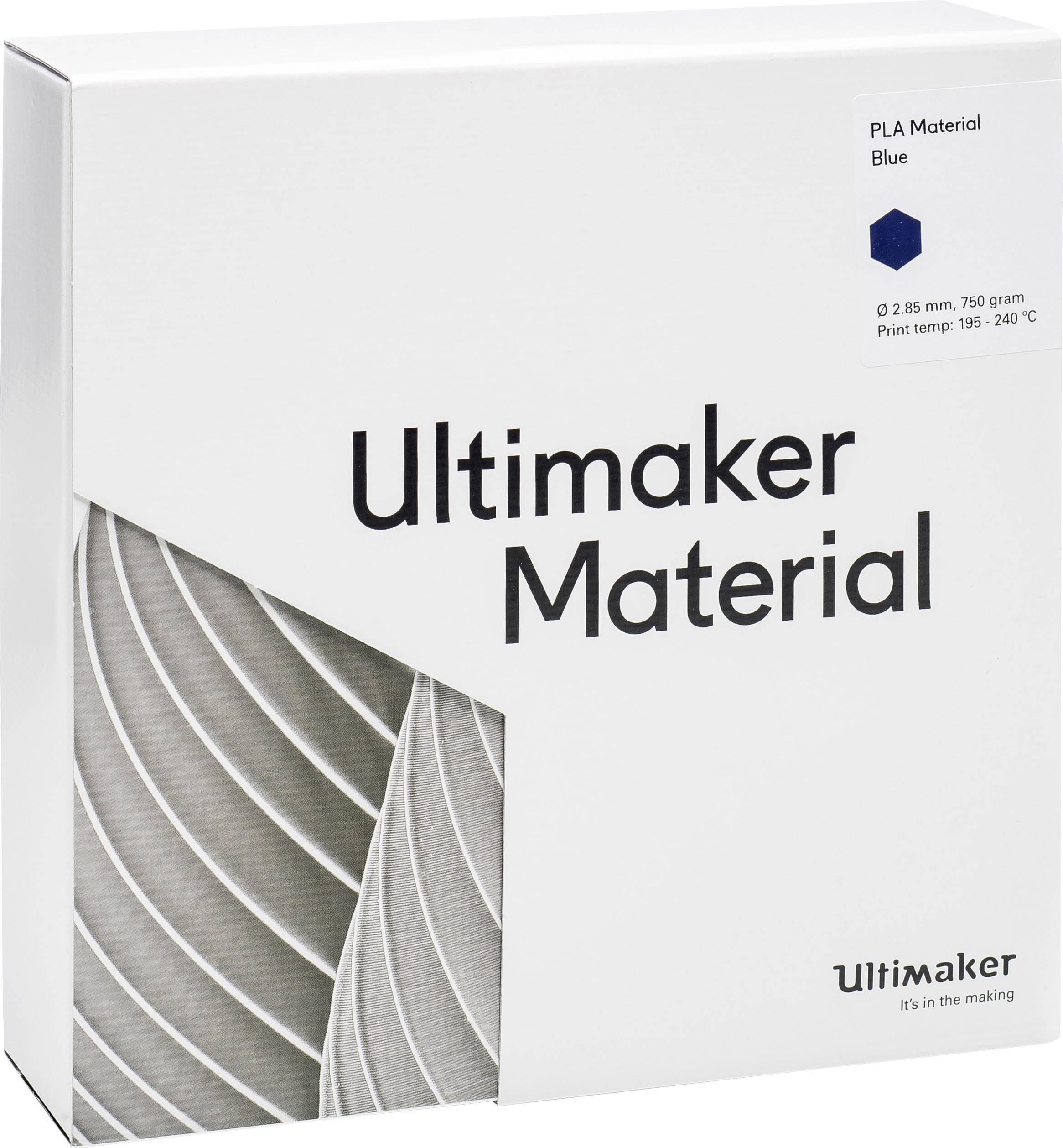3D tlačový materiál od Ultimaker, PLA, modrý, 750 gramov, teplota tlače medzi 195-240°C. Balenie s grafickým dizajnom.