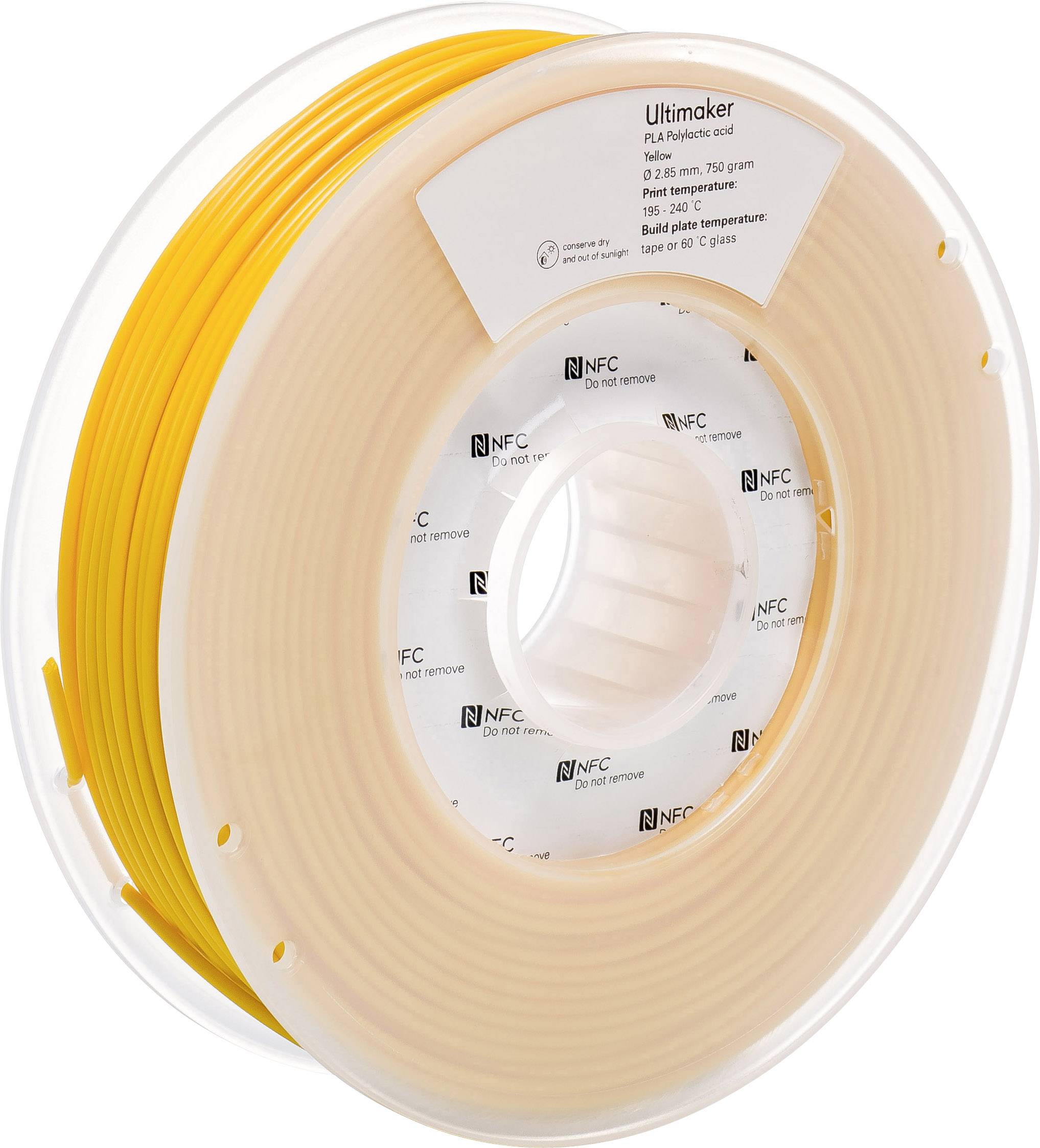 Špula so žltým 3D tlačiarenským filamentom značky 'Ultimaker PLA'. Ideálny pre presný 3D tlač, priemer 2,85 mm, hmotnosť 750 g.