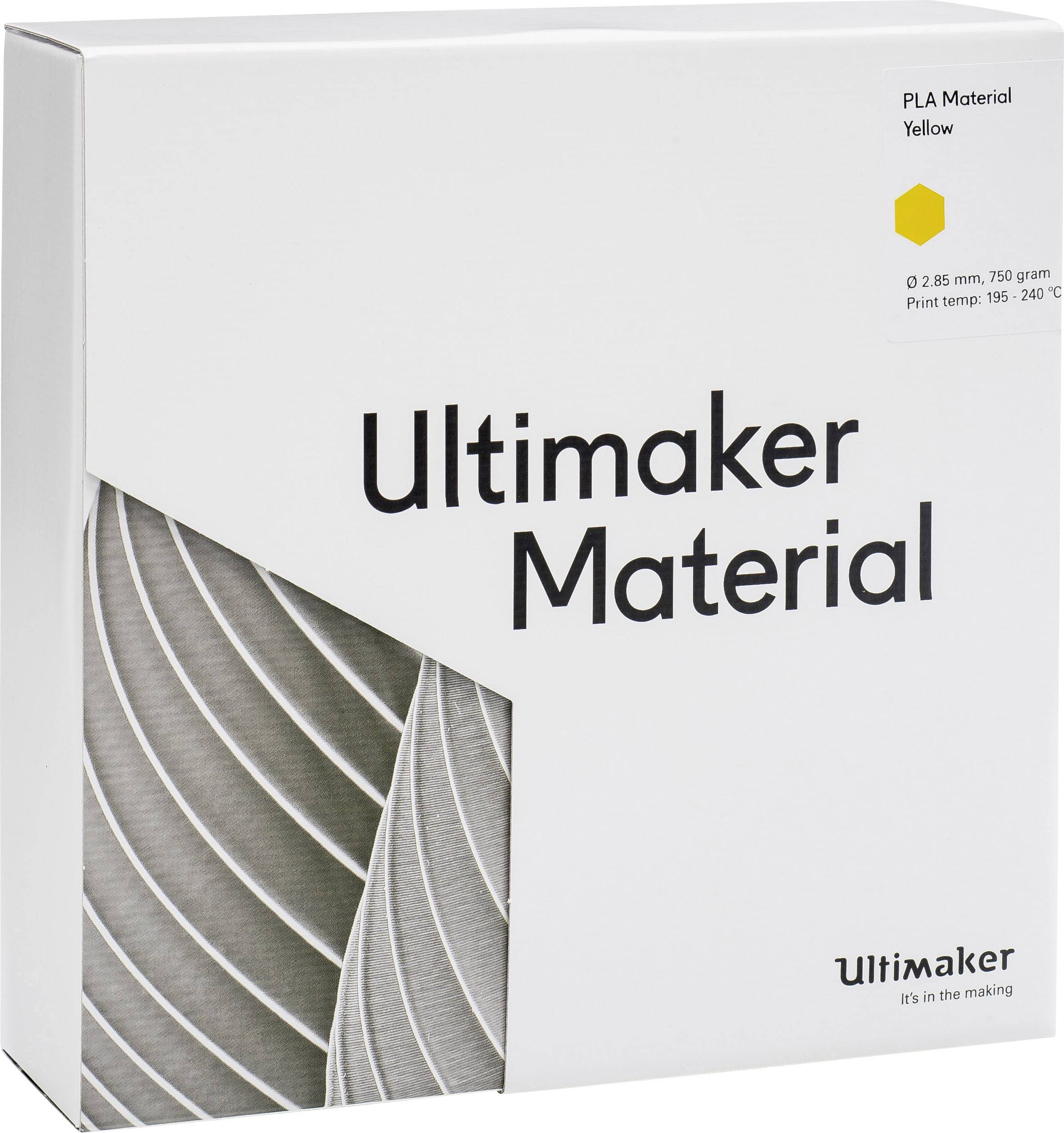 Obal s nápisom 'Ultimaker Material' pre 3D tlačiarne, uvedený je žltý PLA materiál, 750 gramov.