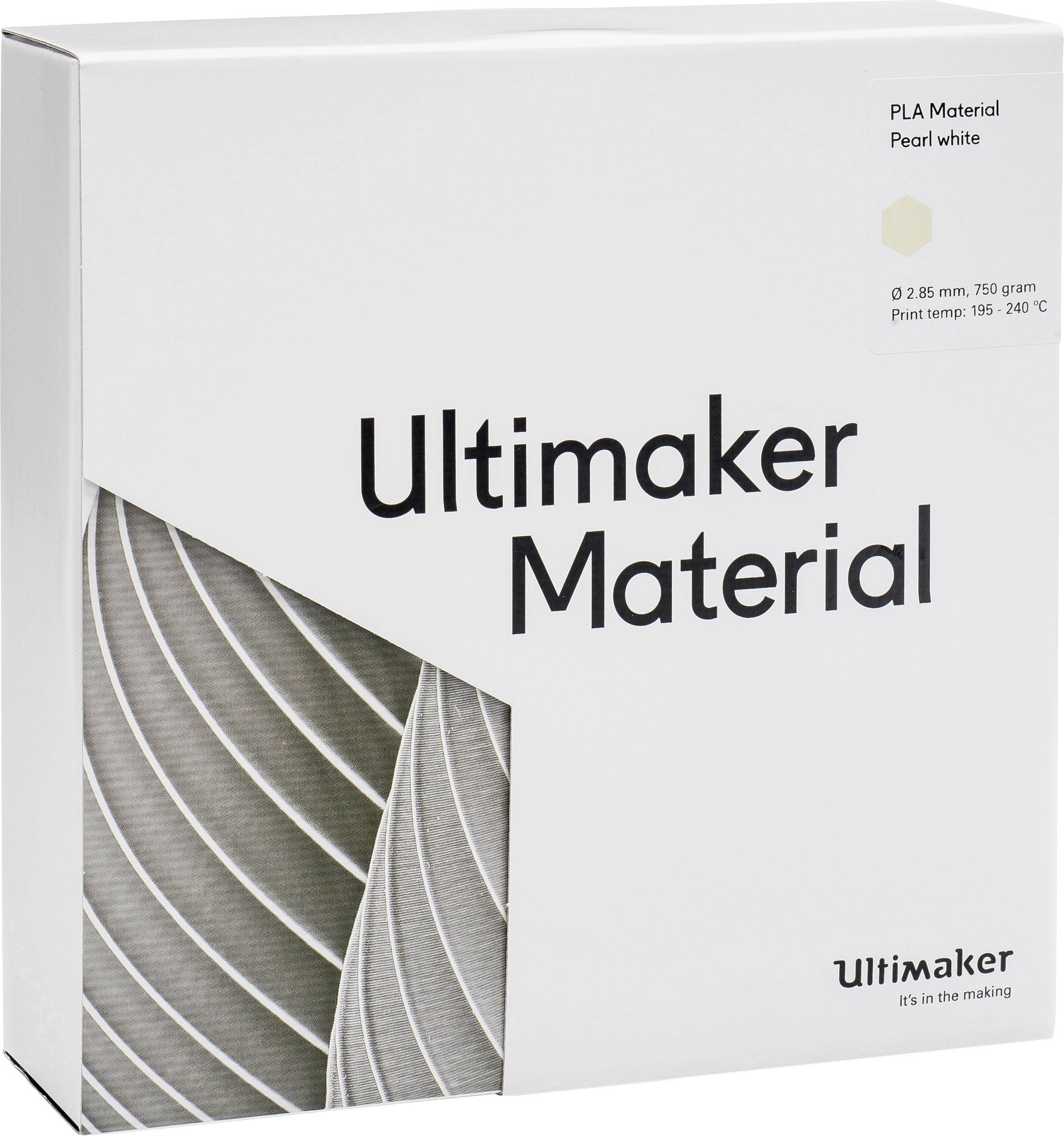 Balenie materiálu Ultimaker, PLA materiál v perleťovo bielej farbe, 750 gramov, vhodný na tlač pri teplote 195-240°C.