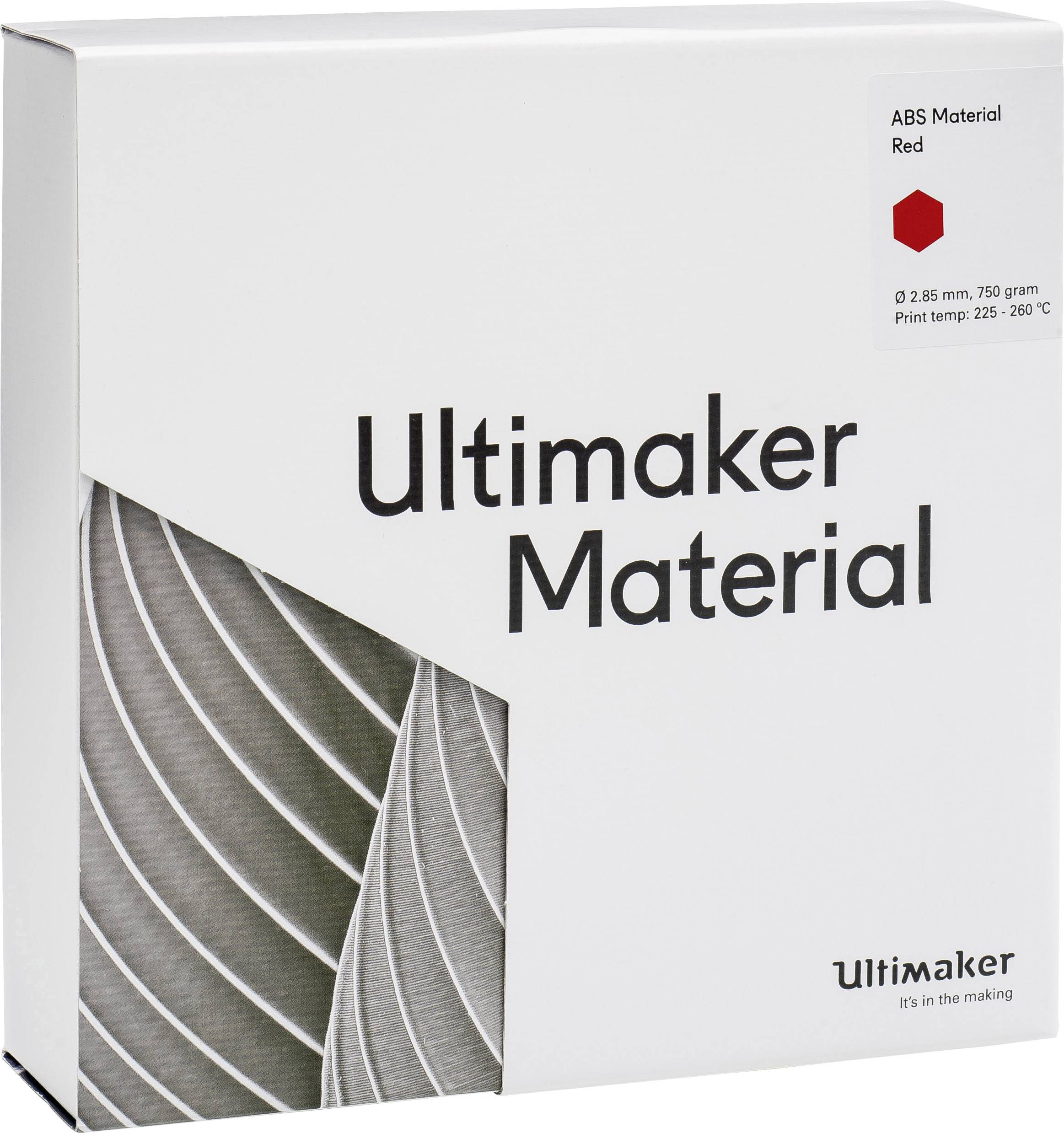 Balenie materiálu pre 3D tlač od Ultimaker, typ ABS v červenej farbe, 750 gramov. Rozsah tlačovej teploty: 225-260 °C.