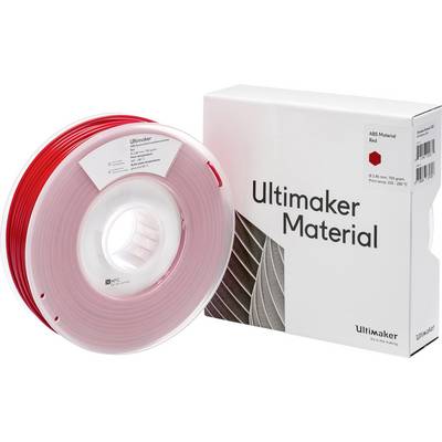 Špulka červeného 3D tlačiarenského filamentu vedľa obalu s nápisom 'Ultimaker Material', vhodného pre teploty 215-250°C.