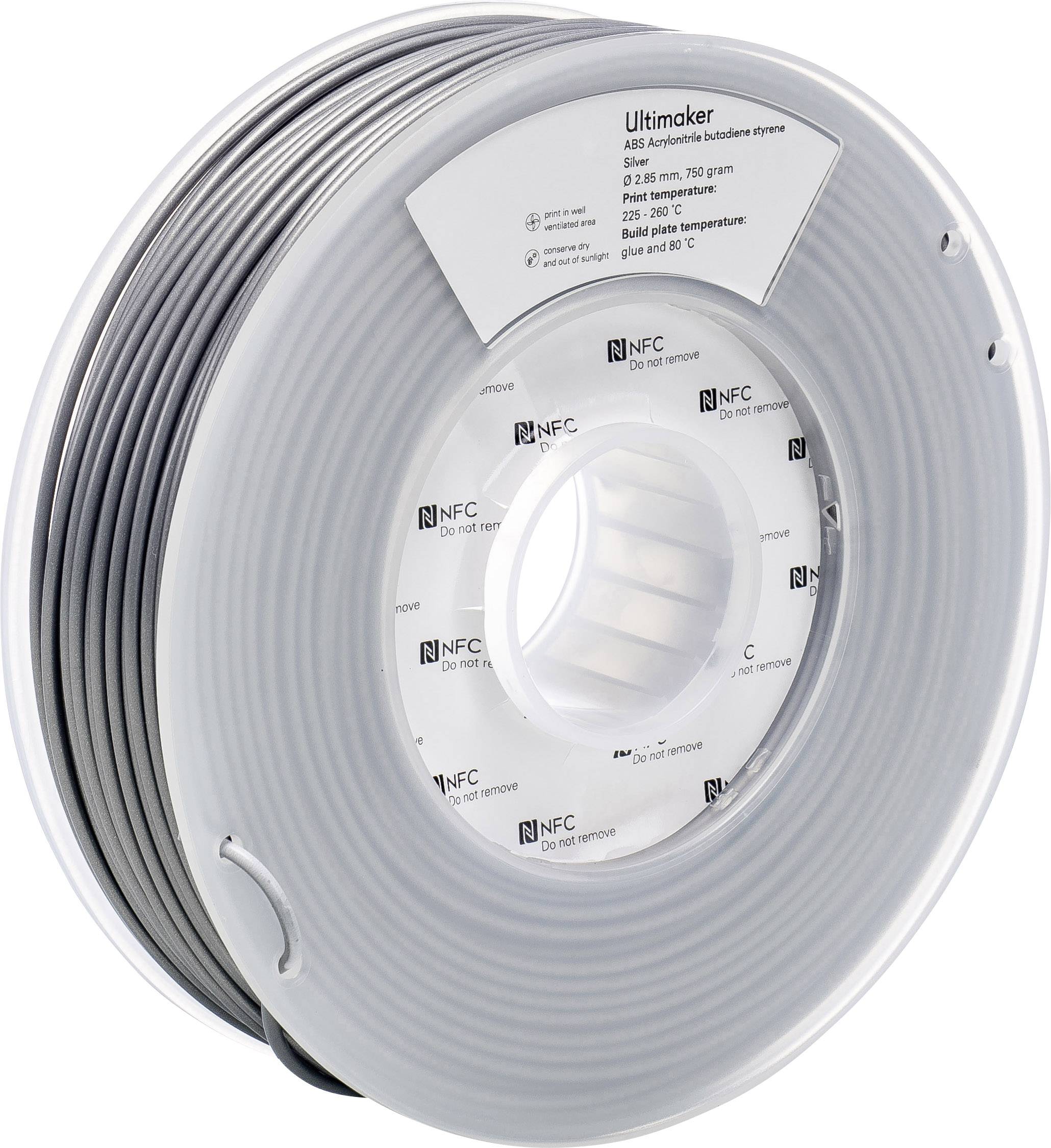 Ultimaker ABS-Filament, priemer 2,85 mm, hmotnosť 750 g. Vhodný pre 3D tlačiarne. Farba: Strieborná. Navinutý na cievke, s NFC štítkom.