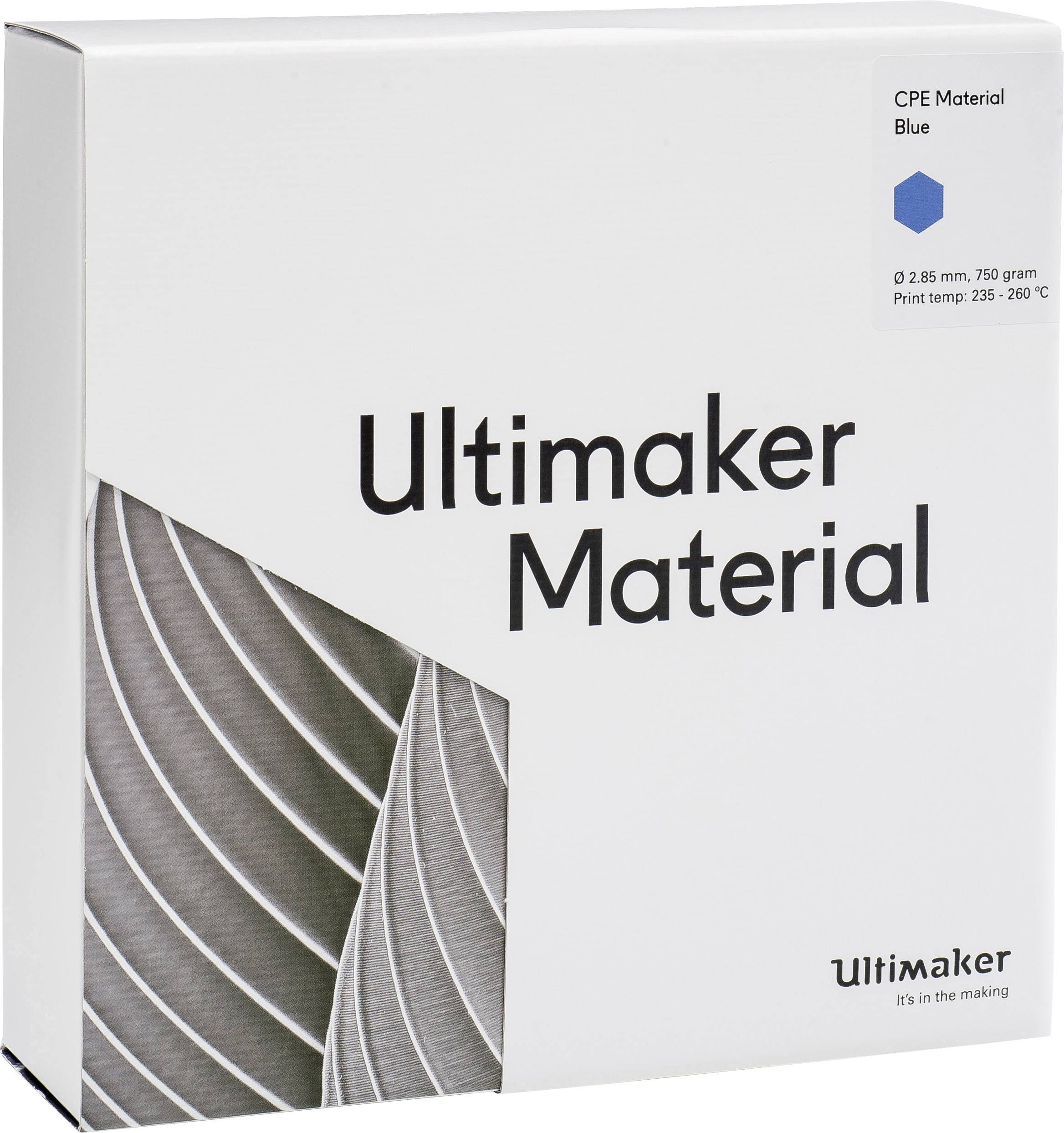 Obal 'Ultimaker Material' pre materiál CPE v modrej farbe, vhodný pre 3D tlač s priemerom 2,85 mm pri teplote 235-260 °C.