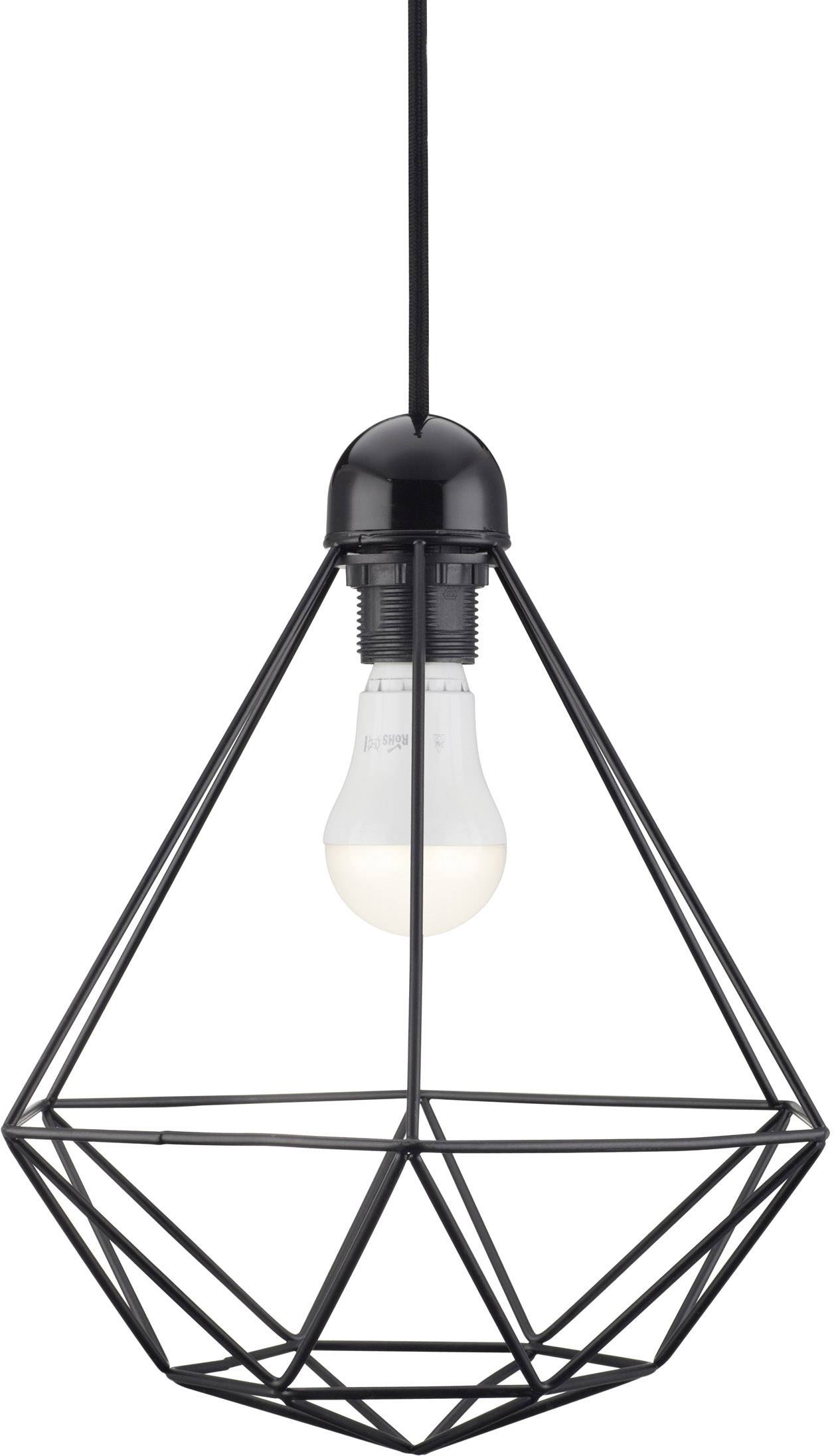 Elegantný závesný luster s geometrickým kovovým rámom a viditeľnou žiarovkou, vhodný pre moderné interiérové dizajny.