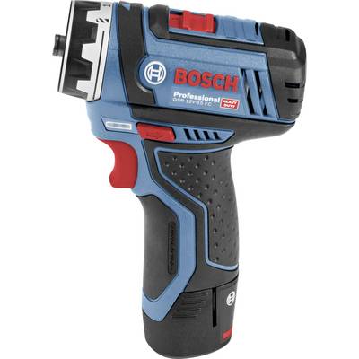 Modrý a čierny bezdrôtový akumulátorový skrutkovač Bosch s červeným spúšťačom, model GSR 12V-15 FC, vhodný pre profesionálne použitie.