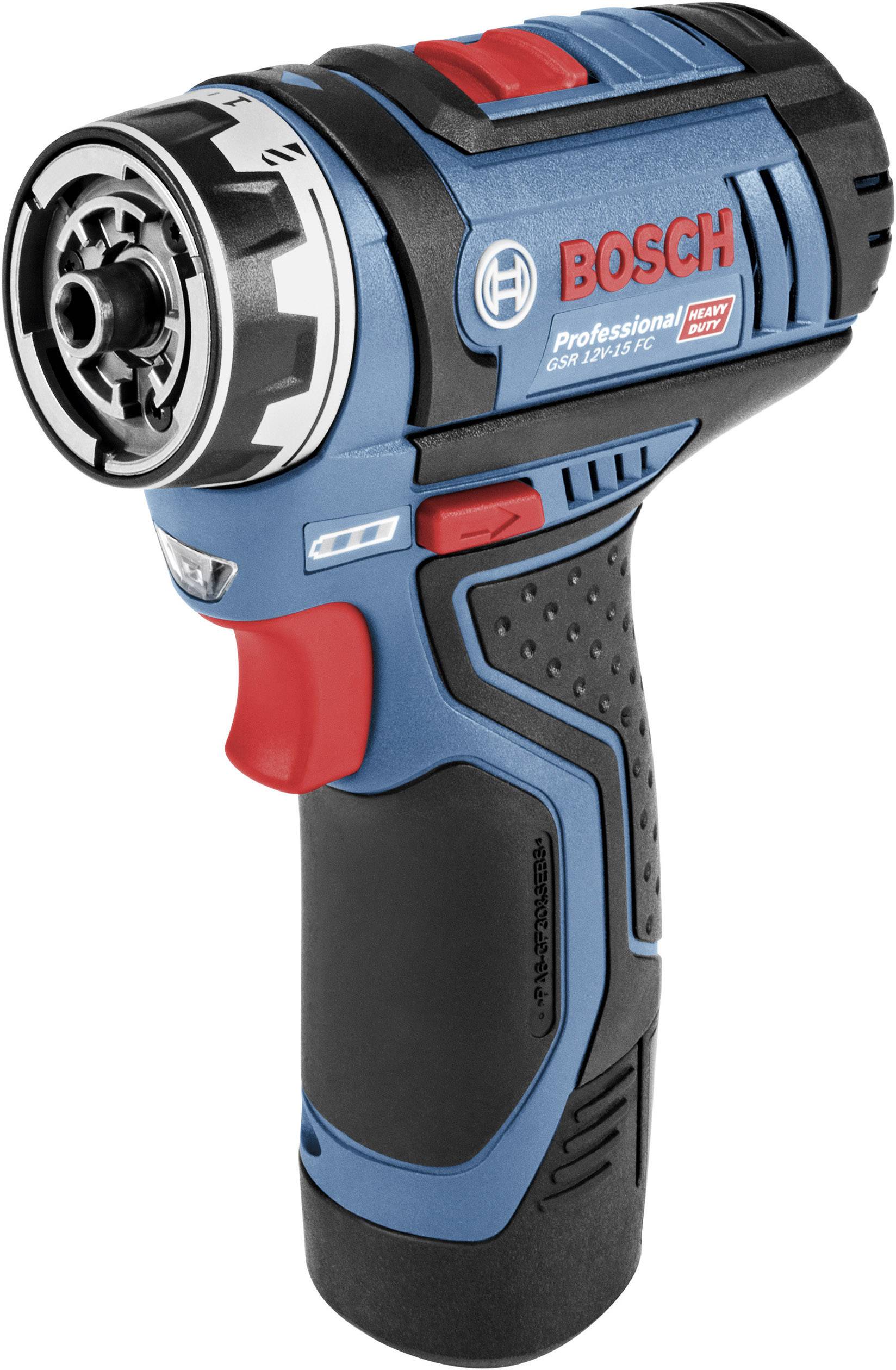 Akumulátorový skrutkovač Bosch v modrej a čiernej farbe. Kompaktný dizajn s červeným spínačom a ergonomickou rukoväťou.