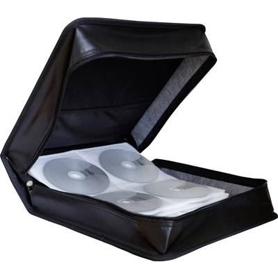 Otvorený čierny organizér na CD ukazuje štyri CD disky v vnútorných obaloch. Ideálny pre prehľadné uskladnenie diskov.