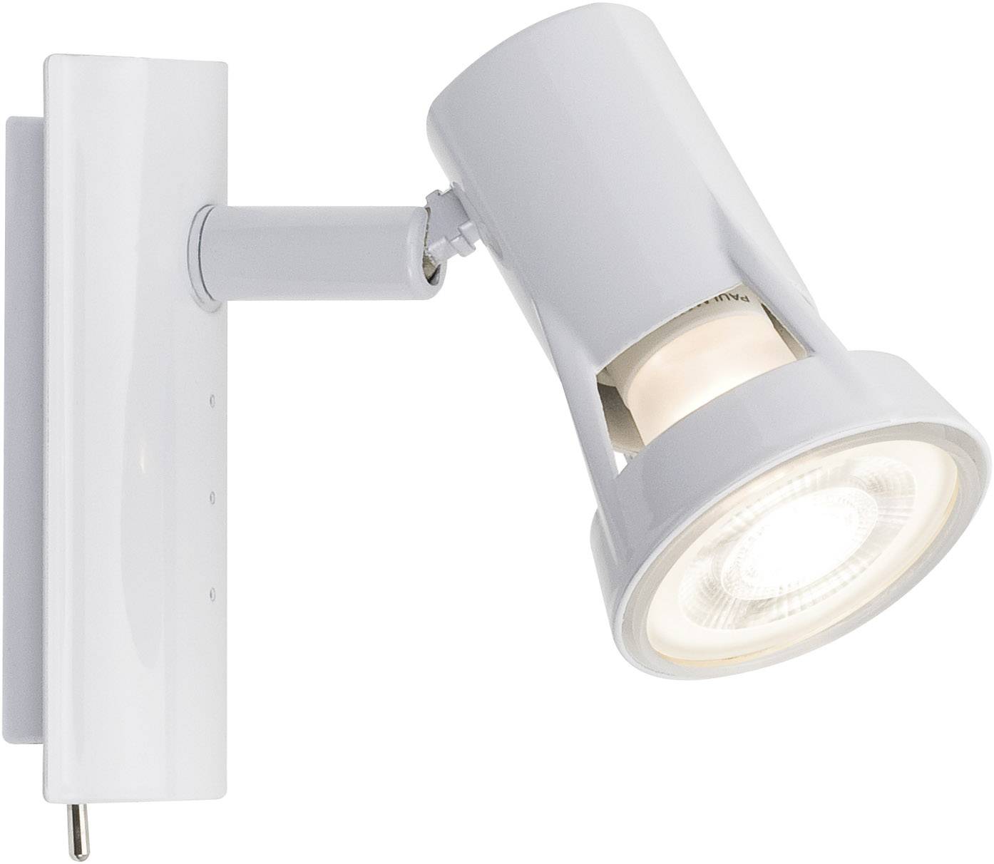 Biela, moderná nástenná lampa s nastaviteľnou hlavicou. Vhodná na cielené osvetlenie priestorov alebo objektov.