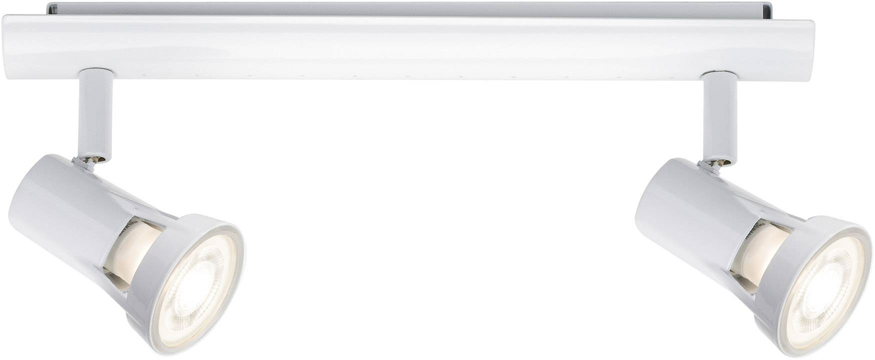 Dvojramenné stropné svietidlo z bieleho kovu, vhodné pre modernú interiérovú osvetu. Lampy sú nastaviteľné pre cielené osvetlenie.