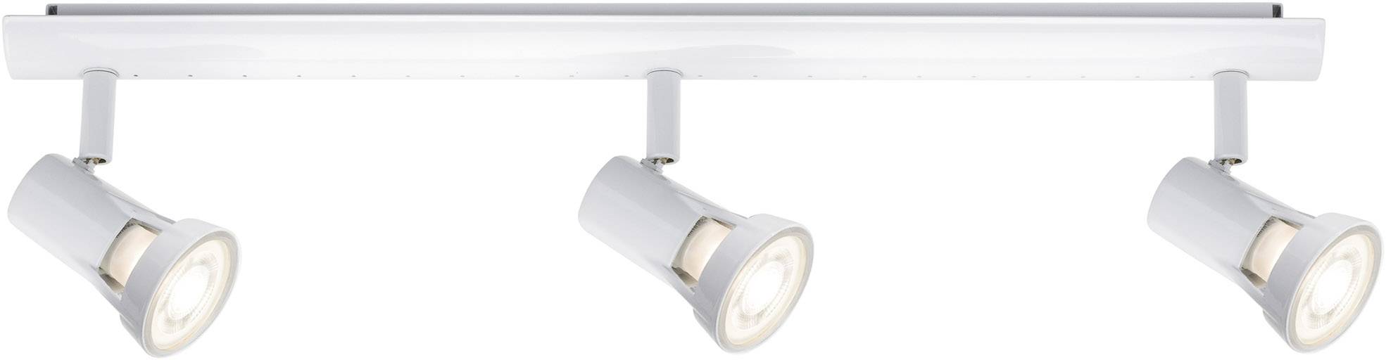 Tri biele stropné reflektory na priamej lište, každý reflektor naklonený iným smerom.