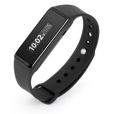 Štíhly, čierny fitness náramok s digitálnym displejom zobrazuje čas '10:02' a dátum '11/25'.