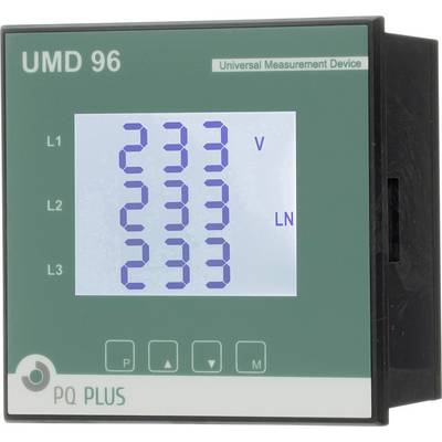 Meracie zariadenie 'UMD 96' zobrazuje napätia pre L1, L2, L3, a to po 233V, s ovládacími tlačidlami. Kryt s zeleným rámom.