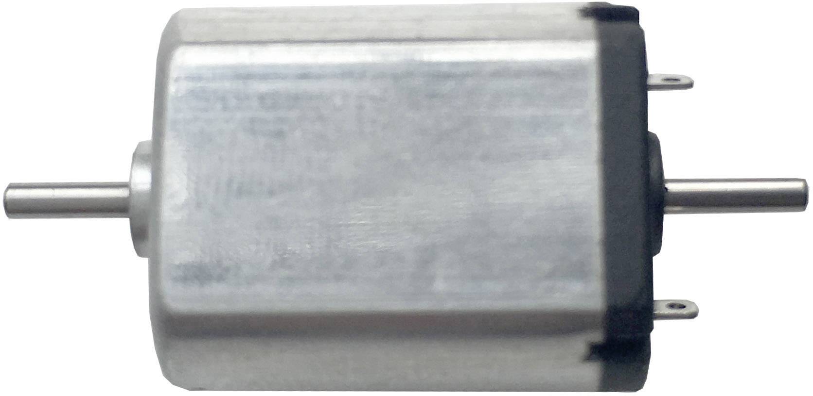 Malý valcový elektromotor s dvoma vyčnievajúcimi osami, strieborné puzdro, vhodný pre modelárstvo alebo malé zariadenia.