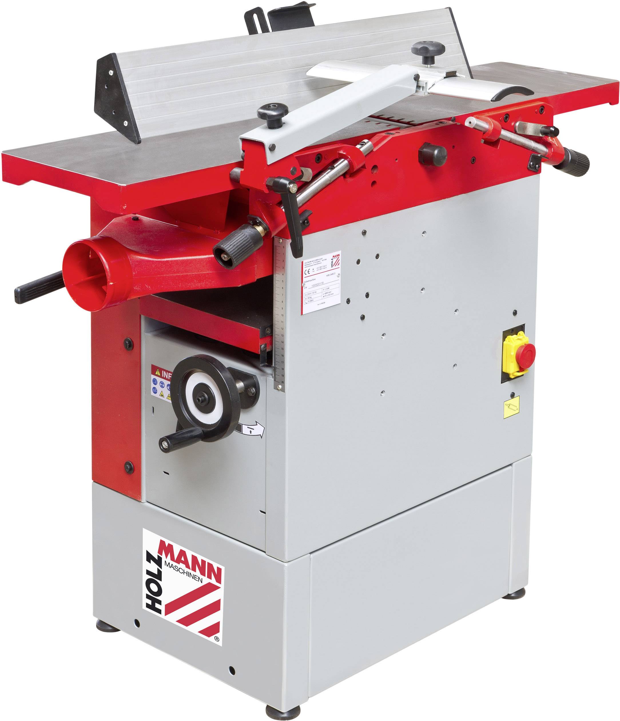 Stolová fréza s červeným a sivým krytom, niekoľkými pákami a ručným kolesom na nastavenie, stojaca na podlahe dielne.