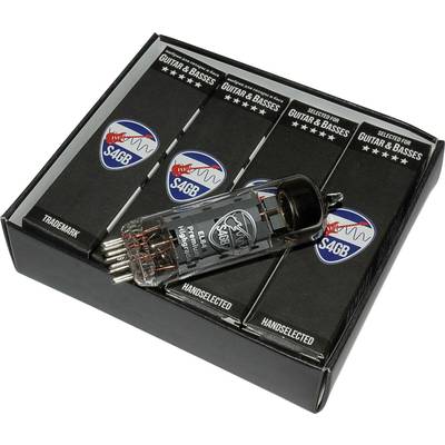 Balenie so šiestimi S4GB gitarovými elektrónkami, každá s logom a nápisom "Ručne vybraté pre gitary a basy". Jedna elektrónka vystavená vpredu.