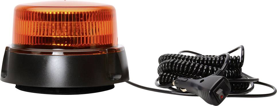 Oranžová výstražná lampa s čiernou základňou a špirálovým káblom, ktorá sa zapája do automobilovej zásuvky.