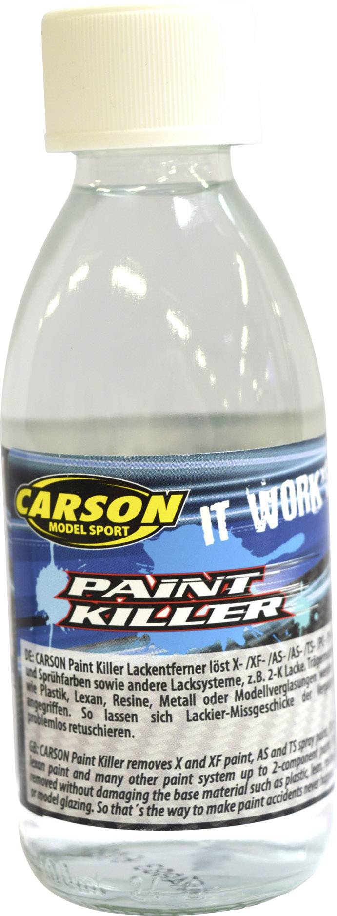 Čistá sklenená fľaštička s etiketou "Carlson Paint Killer". Odstraňuje farby z modelov a povrchov.
