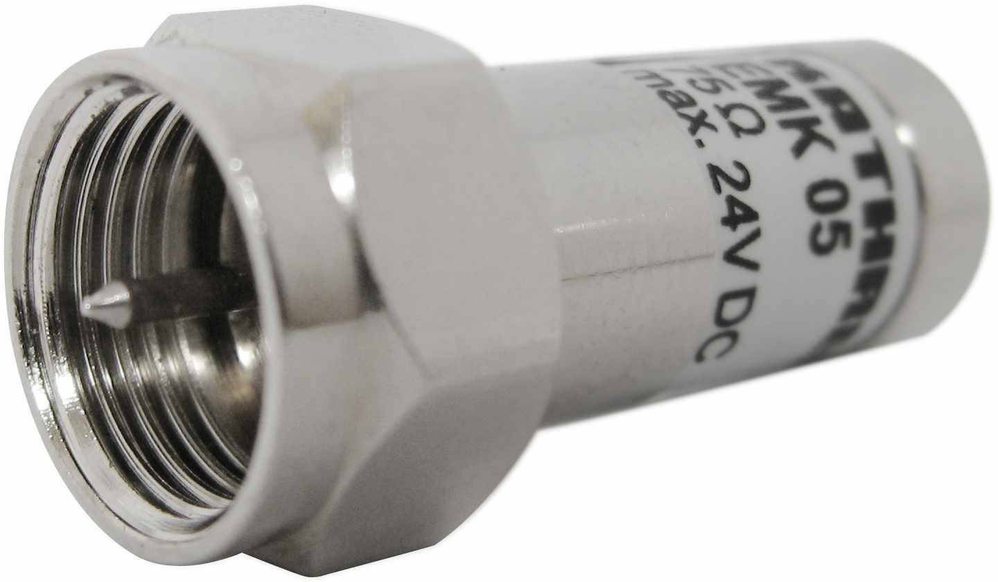 Strieborný koaxiálny konektor so závitom, vhodný pre 75 ohmov a maximálne 24V DC, zobrazuje technické údaje na boku.