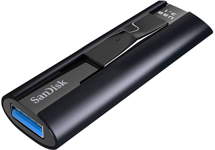 SanDisk USB 3.1 kľúč, čierny, s vysúvateľným konektorom, kompaktnej veľkosti.