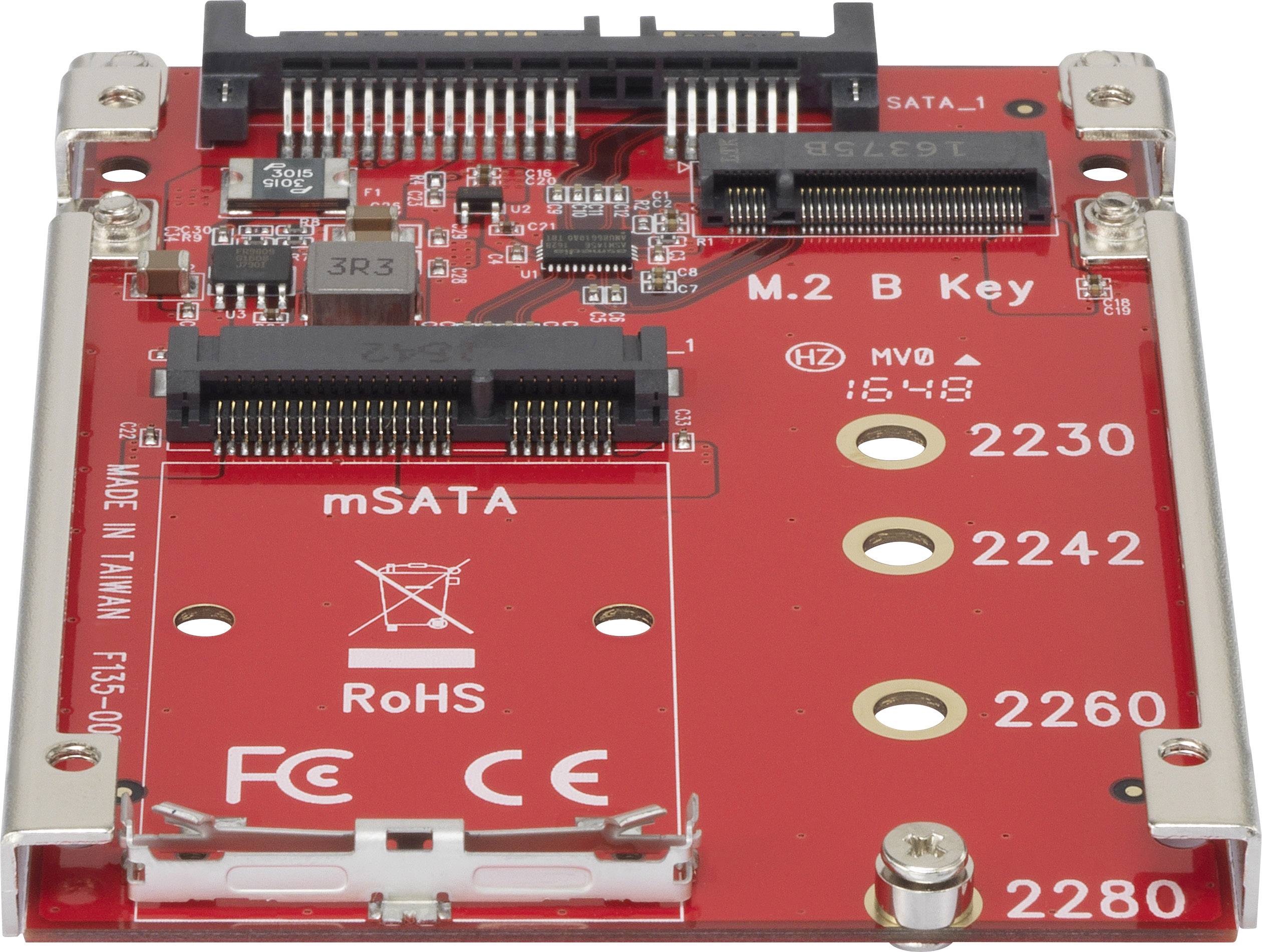 Červená adaptérová doska mSATA na M.2 s konektormi pre mSATA disky a rozhrania M.2 modulu. Označenia: 'B Key', 'M2', 'RoHS'.