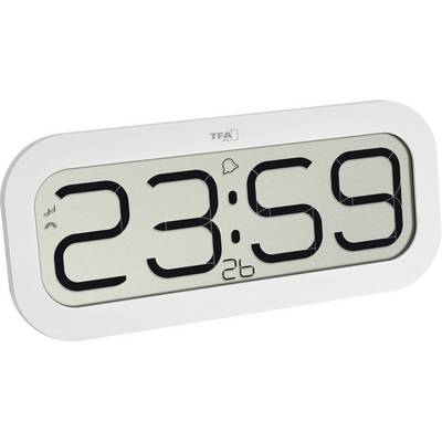 Digitálne hodiny ukazujú '23:59'. Minúty sú zobrazené veľkými čiernymi číslicami na sivom pozadí. Viditeľné sú symboly budíka a hodín.